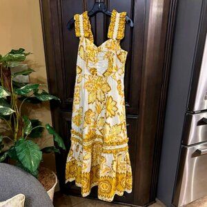 Farm Rio Aura Floral Swiss-dot Details Sleeveless 100% Cotton V-neck Midi Dress